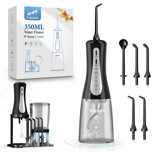 GOLDANT 350ML Water Dental Flosser Teeth Pick with Stand Convenient Storage, 5 Modes Portable Cordless Oral Irrigator, Electric Rechargeable IPX7 Waterproof for Home Travel Teeth Cleaning(Black)