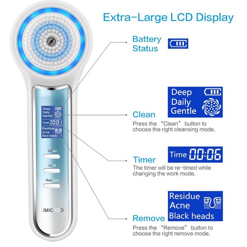 UMICKOO Face Scrubber Exfoliator,Facial Cleansing Brush Waterproof with LCD Screen,Blackhead Remover Vacuum with 5 Brush Heads,Face Spin Brush for Exfoliating (White-Blue)