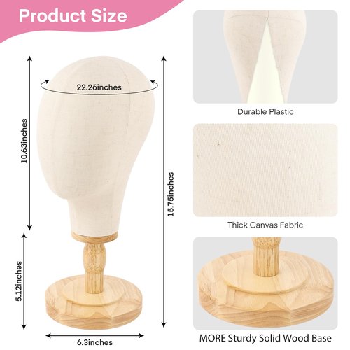 Beauty Star Wig Stand, 22inch Mannequin Head for Wigs with Detachable Strong Wood Base, Canvas Block Wig Head Holder Rack Ideal for Hair Styling, Display Hats, Wig Making, Headdress