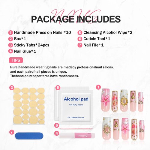 XGV Long Handmade Press on Nails - 3D Press on Nail With Flower, Pretty & Reusable for Daily Wear