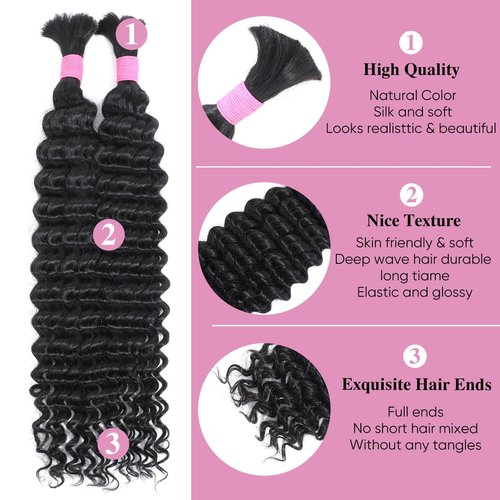 Human Hair Bundles - 16 Inch Deep Wave, Virgin Curly, Knotless Boho Braids (Natural Color)