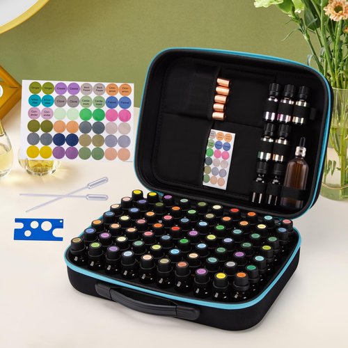 DHXYZZB Essential Oils Carrying Case Holds, 70 Bottles 5ml, 10ml, 15ml Bottles Storage Organizer Bag Hard Shell EVA, Essential Oil Bag with Labels & Bottle Opener & Plastic Droppers (Blue)