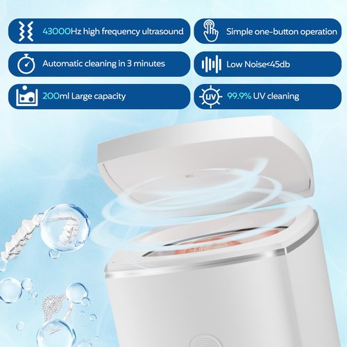 U-V Ultrasonic Dental Cleaner;UltraSonic Retainer Cleaner Machine for Denture,Aligner,Whitening tray,200ml Portable Mouth Guard Cleaner, Invisalign Cleaner Pod,Professional Sonic Jewelry Cleaner White