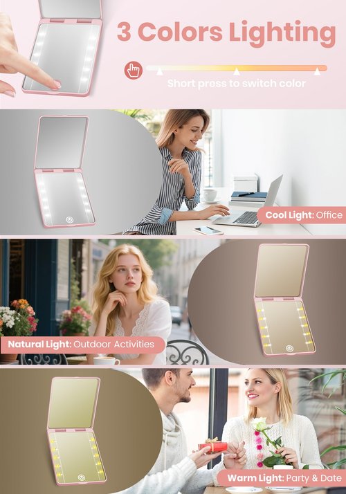 Compact Mirror, Rechargeable 30X Magnifying Mirror with 3 Lighting Modes & Dimmable Brightness, Portable Travel Makeup Mirror with Light, Essentials for Travel, Pocket, Purse, Gifts for Women Pink