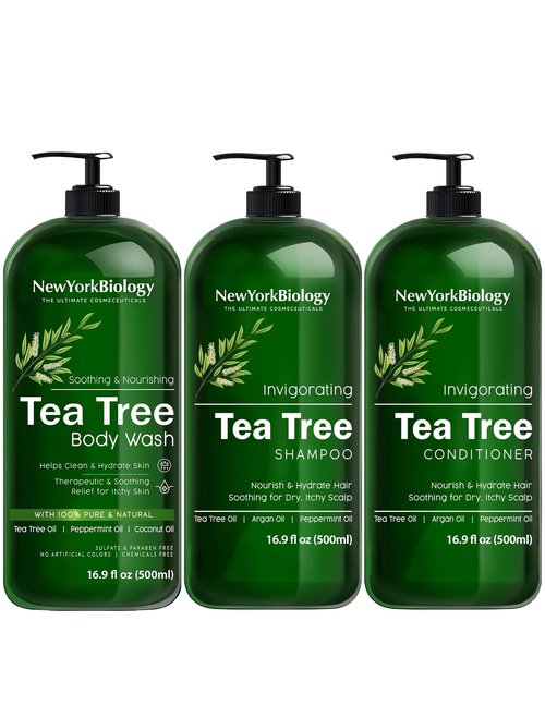 New York Biology Tea Tree Body Wash with Tea Tree Shampoo and Conditioner Set – Helps Itchy Skin Conditions & Body Odor - Deep Cleanser – Relief for Dandruff and Itchy Scalp – 16.9 fl. Oz