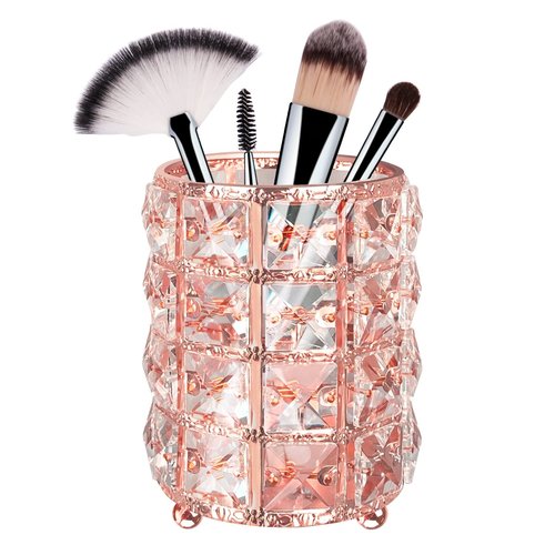 XB'ANG Flower Pattern Makeup Brush Holder Organizer Crystal Cosmetic Cup Eyeliners Eyebrow Pencil Storage Box Container Vanity Decor Accessories (Rose Gold)