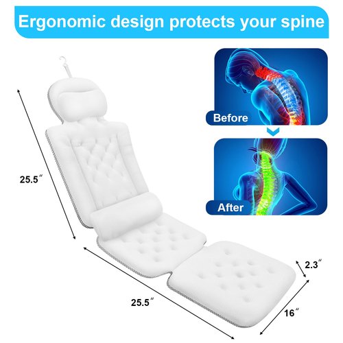 Full Body Bath Pillow for Bathtub, Luxury Bath Gifts for Women, Tub Pillow for Bath for Headrest Neck and Back Support (White)