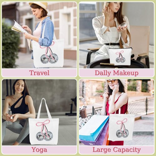Cute Pink Coquette Bow Cherry Canvas Tote Bag Beach Tote Bag for Women with inner Pocket, Preppy Stuff Gifts for Women Teen Girls Sister Friendship Reusable Shopping Grocery Bags Travel Makeup Bagss