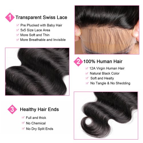 5x5 Transparent HD Lace Closure Human Hair Body wave Closure Unprocessed Virgin Human Hair Invisible Lace Frontal Closure Pre Plucked with Baby Hair Natural Black Color 14 inch