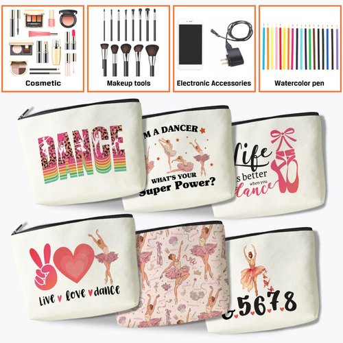 6Pcs Dance Cosmetic Bags Gifts for Dancers Dancer Makeup Bag Dancer Gifts Dance Stuff Recitals Dance Team Gifts Ballet Dancer Gifts for Girls Women Dance Lover Teacher Daughter Birthday Graduation