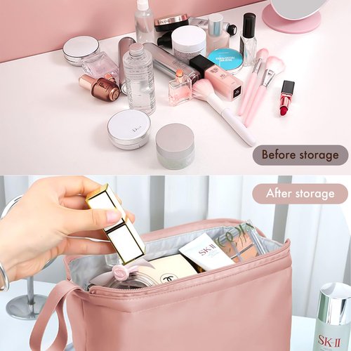 HEMOUR Makeup Bag Double Layer Portable Travel Cosmetic Bag with Brush Holder, Makeup Organizer Bag Toiletry Bag for Women and Girls (Pink)