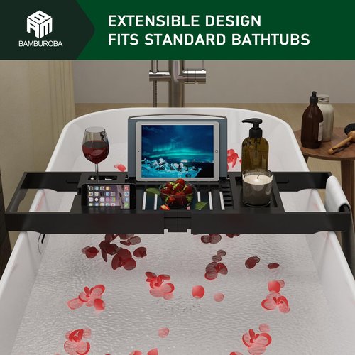 Foldable Bamboo Bathtub Caddy Tray Expandable for Luxury Bath, Bath Accessories & Table with Wine Glass Holder, Book Stand Bathroom Organizer with Extending Sides for Men/Women,Black