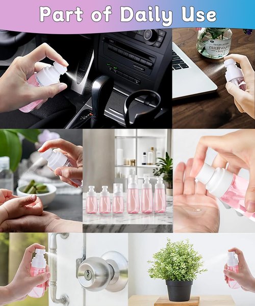 Uadbau 6 Pack Small Spray Bottles - Travel Size 3 Pack 1oz/30ml and 3 Pack 2oz/60ml with 3pcs Funnels, Fine Mist Mini Plastic Refillable Spray Bottles - Pink