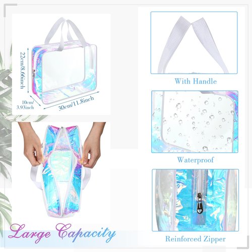 Sweetude 10 Pcs Large Clear Toiletry Bag Large Capacity Travel Iridescent Makeup Bag PVC Clear Plastic Tote Punch Cosmetic Clothes Organizer for Women Men(White)