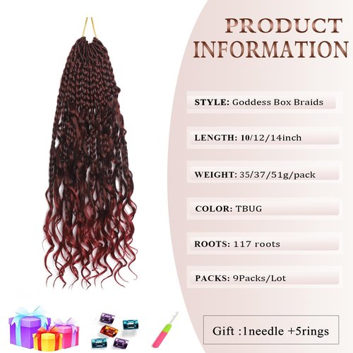 Flagship 9 Packs Goddess Box Braids Crochet Hair for Black Women,14 Inch Ombre Red Pre-looped Crochet Braids with Curly Ends,Burgundy Bohemian Curly Hippie Box Braids Crochet Hair -Tbug