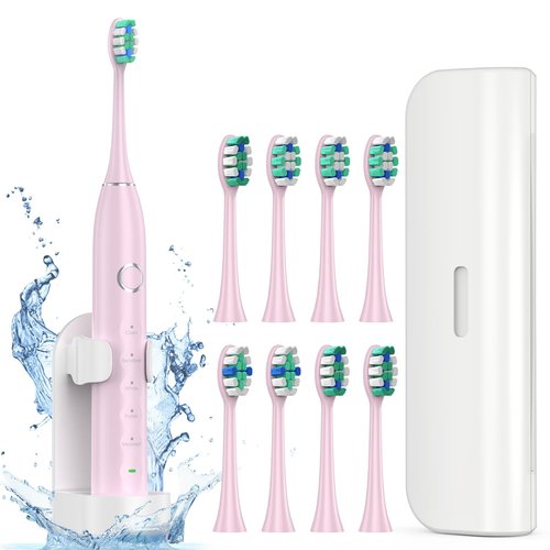 Fronix Electric Toothbrush for Adults with 8 Brush Heads, Sonic Toothbrush Rechargeable with a Holder & Travel Case, 2.5 Hours Charge for 120 Days Use - Pink