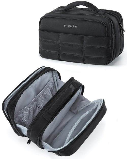BAGSMART Toiletry Bag for Women, Travel Makeup Bag, Wide-open Portable Make Up Bag Organizer for Women for Travel Essentials Travel-Size Toiletries Accessories Bottles, Brushes, Black