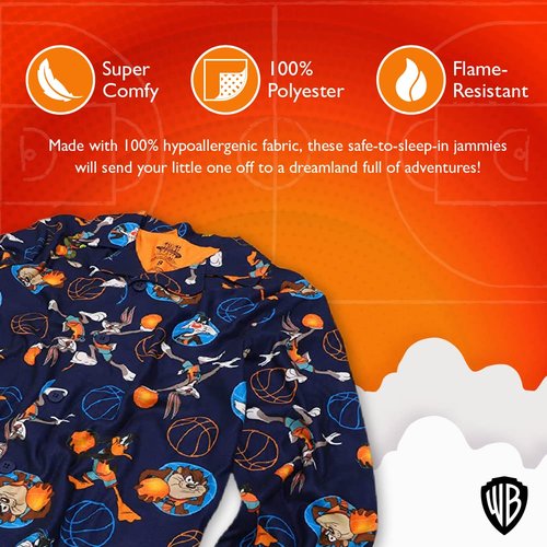 Space Jam Boys' Big 2-Piece Button Front Pajama Set, Soft & Cute for Kids, Player JAM, 4