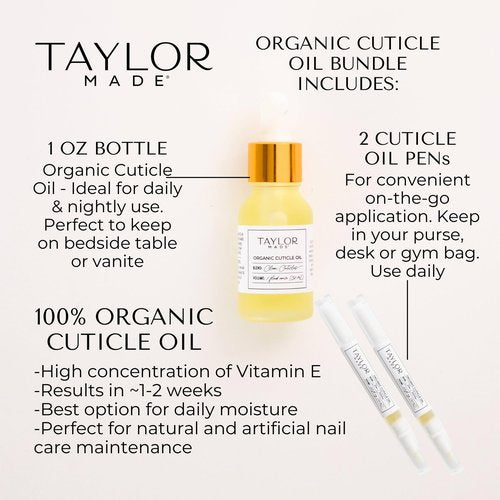 TAYLOR MADE Polish Cuticle Oil – 100% Organic Cuticle Oil | Paraben-free | Non-toxic | Safe for All Ages | Results in less than 2 weeks | Infused with orchid oil | Nail Oil (Bottle & 2 Pens)