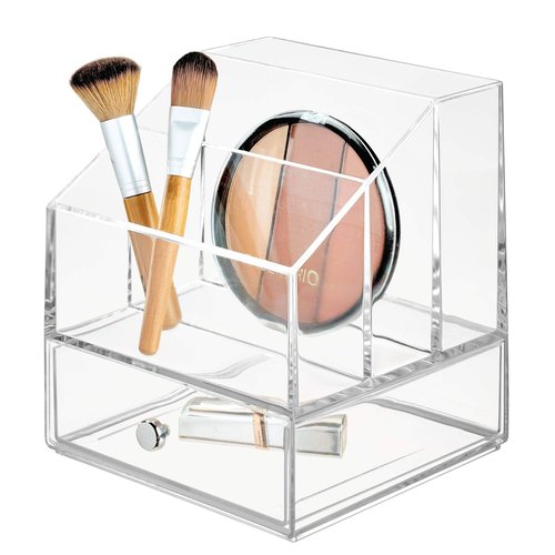 iDesign Clarity Cosmetic Palette Organizer with Drawer for Vanity or Cabinet to Hold Makeup, Beauty Products, Hair Accessories - 3 Compartments - Clear