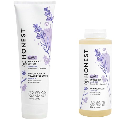 The Honest Company Lavender Calm Foaming Bubble Bath + Hydrating Face + Body Lotion Bundle | Naturally Derived, Tear Free, Hypoallergenic | 12 fl oz, 8.5 fl oz