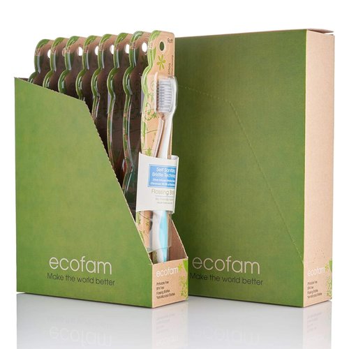 EcoFam Compostable Toothbushes, Dual Action Flossing Bristles, Silver Infused Soft Bristle Toothbrush, Natural Toothbrushes for Adults, Multi Color, 8-Pack