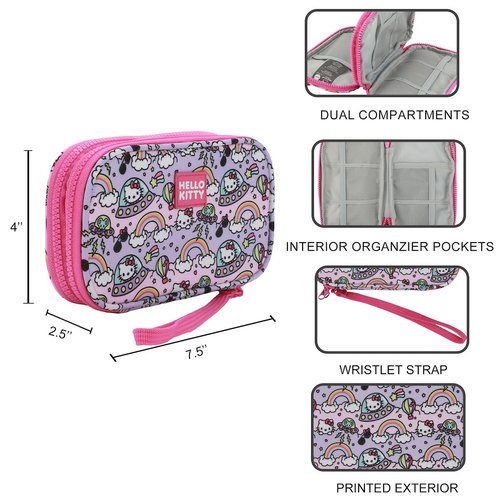 Bioworld Hello Kitty Flying Saucer Print 4" Pink & Purple Tech Cable Organizer Travel Case