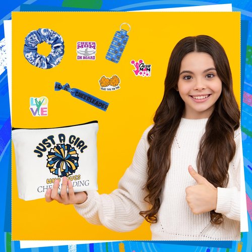 Seenelling 56 Pcs Cheerleading Stuff Inspirational Gifts for Players Teams Cosmetic Bag Women Hair Ties Sport Lovers Gifts for Birthday Sport Party Favors(Just a Girl)
