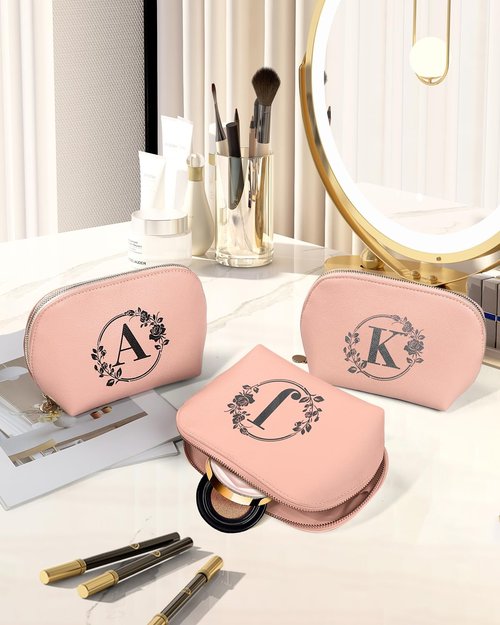 GiftPeak Travel Makeup Bag, Small Capacity Cosmetic Bags for Women Girls, Leather Zipper Waterproof Portable Pouch Open Flat Toiletry Bag, Birthday Gift For Daughter, Preppy Things For Girls (Pink J)