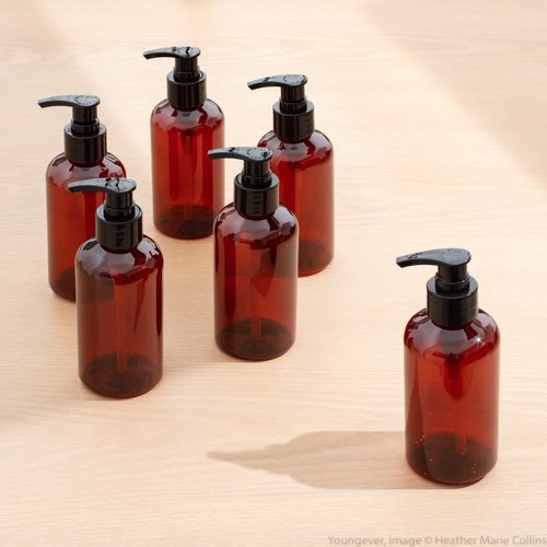 Youngever 6 Pack Amber Plastic Pump Bottles, Refillable Plastic Pump Bottles for Dispensing Lotions, Shampoos, Hand Sanitizer and More (12 Ounce)