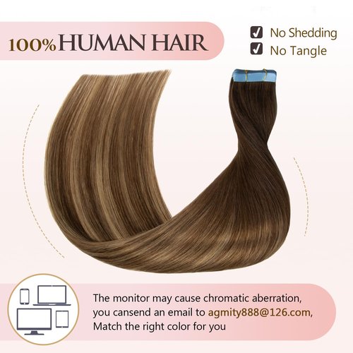 AGMITY Invisible Tape in Hair Extensions Human Hair 14 inches 20pcs 40g/pack Chocolate Brown Mixed Honey Blonde Straight Seamless Tape in Hair Extensions(14 inches #T4-P27-4)