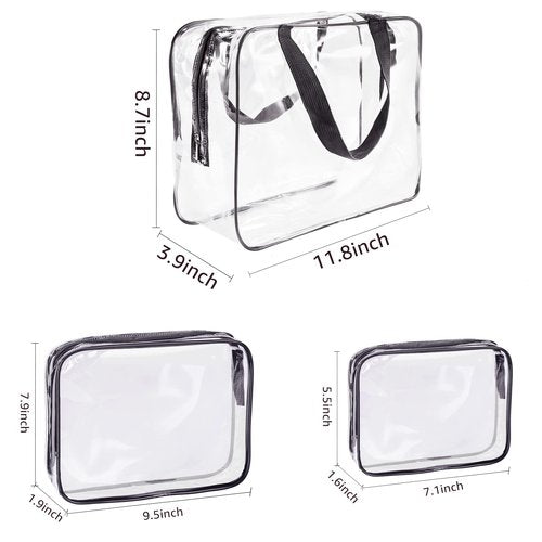 3pcs TSA Approved Clear Toiletry Bag, Crystal Clear Travel Bag PVC Cosmetic Bag, Travel Accessories Clear Makeup Bags Set Carry on Airport Airline Compliant Bag Luggage Pouch with Zipper Handle Women
