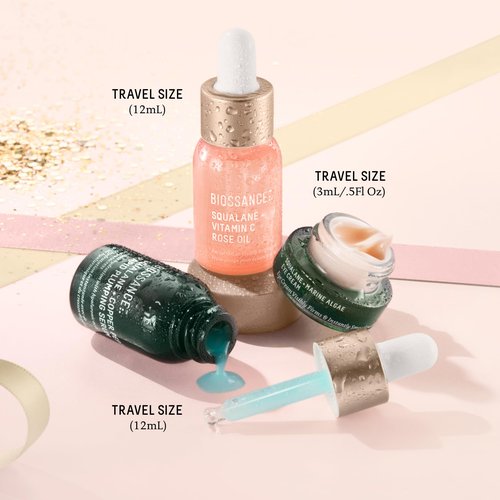 Biossance, Moisture Miracles Holiday Gift Set, Vitamin C Rose Oil, Marine Algae Eye Cream, Copper Peptide Rapid Plumping Serum, facial skincare set