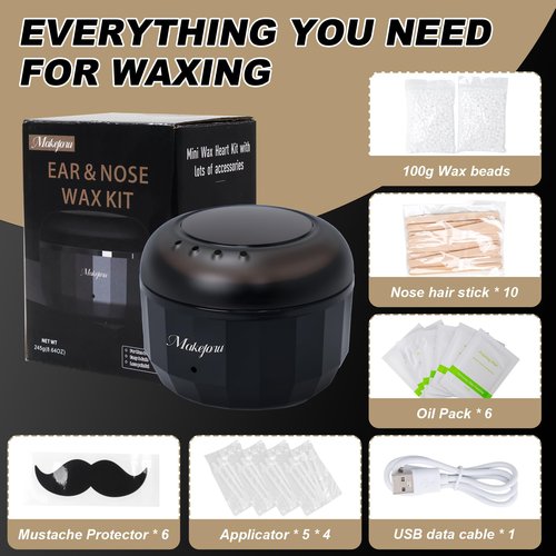 Nose Wax Kit, Mini Wax Warmer for Eyebrow Ear Hair Removal, Waxing Kit for Women Men with 100g Beads, 30 Applicators, 6 Nose Sticks, Portable at Home Waxer Melter Machine Kit for Face Waxing - Black