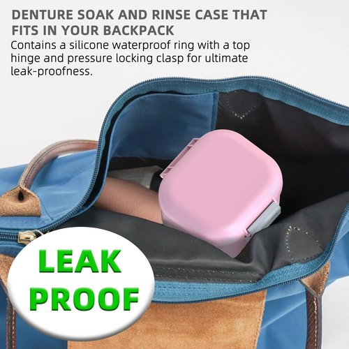 ARGOMAX Leak Proof Denture Bath Cup, Portable Soaking Denture Box, Denture Bath Case with Strainer, for Dentures and Braces (Pink + White).