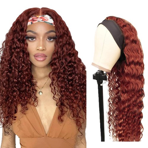 YiweYowe 32 Inch #33 Reddish Brown Headband Wig Human Hair 150% Density Grade 8A Unprocessed Brazilian Virgin Hairs Machine Made Auburn Brown Water Wave Headband Wig Human Hair None Lace Front Wig