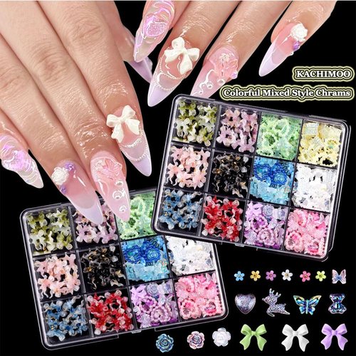 KACHIMOO 2 Boxes Mixed Nail Charms and Rhinestones 3D Butterfly Flower Bow Heart Bear Nail Art Charms Flatback Pearl Nail Gems Nail Chains for Nail Art Design