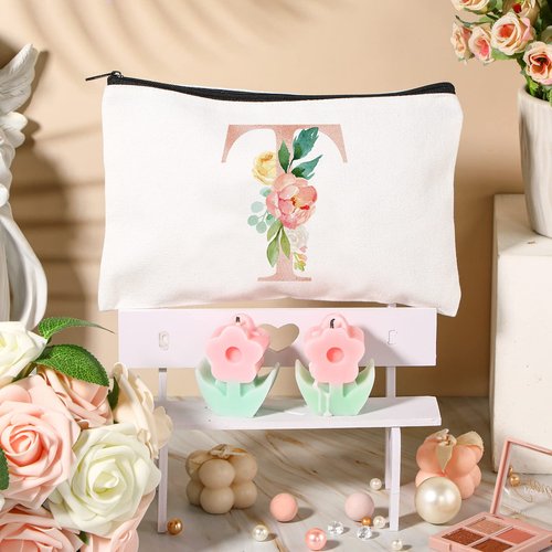 3 Pieces Floral Initial Makeup Bag Wedding Bridal Makeup Bag Cosmetic Canvas Bag Monogrammed Gifts for Women Teacher Birthday Mother's Day Wedding Bridal Shower, 9 x 6 Inches (T Style)