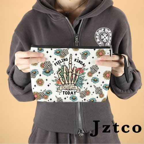 Jztco Skeleton Funny Makeup Bag Skull Gifts for Women Female Her Mom Wife Best Friend Daughter Aunt Niece Humor Sarcastic Toiletry Bag Mothers Day Graduation Birthday Gifts Floral Cosmetic Bag