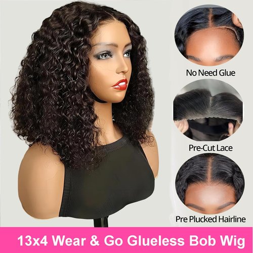 SODLIS Wear and Go Glueless Short Curly Bob Wig Human Hair Pre Cut 13x4 Deep Curly Lace Front Wigs Human Hair Pre Plucked Glueless Bob Wigs For Black Women Natural Hairline 150% Density（8 Inch）