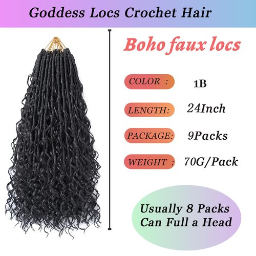 9 Packs Crochet Hair 24Inch Goddess Locs with Curly Ends Long Bohemian River Pre Looped Crochet Hair for Black Women(24inch,1B)