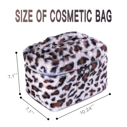 imerelez Plush Travel Makeup Bag Toiletry bag for Women Soft Fluffy Cosmetic Bag Portable Foldable (Beige Leopard)