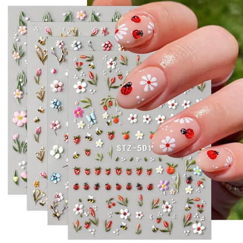 JMEOWIO 3D Embossed Flower Fruit Nail Art Stickers Decals Self-Adhesive 5D Nail Supplies Nail Art Design Decoration Accessories 4 Sheets