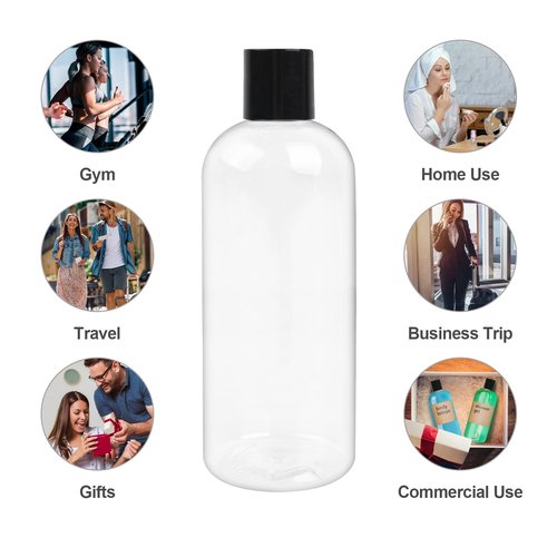 Neendohome 16 oz BPA Free Plastic Suqeeze Bottles with Black Disc Caps Refillable Travel Containers for Toiletries Shampoo conditioner Lotions Liquid Soap Shower Gel (6Pack, Clear)