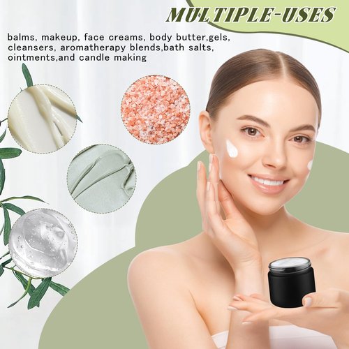 DMuuuDM 12 Pcs 2 Oz Frosted Glass Jar,Empty Refillable Glass Cosmetic Container Jars Holder with Inner liner,Plastic Lid for moisturizer,Foundation,Body Butter Oil,Ointment,Spices (Black)
