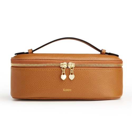 Kattee Makeup Bag for Women, Leather Cosmetic Bag, Working Makeup Bags for Ladies with Handles, Portable Travel Toiletry Bag, Brown