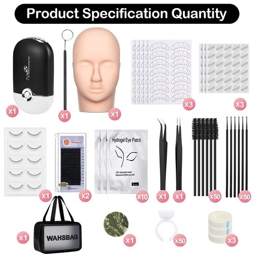 Lash Extension Practice Kit, Eyelash Extension Training Kit for Beginners, Professional Eyelash Mannequin Head Set with Lash Fan, Lash Shampoo, Lash Adhesive, Glue Rings and Lash Mirror (Black)