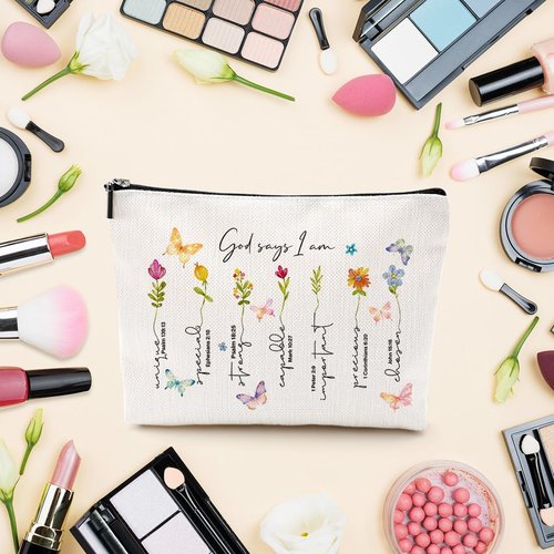 God Says I am Makeup Bag, Christian Gifts for Women, Bible Verse Floral Makeup Bag, Butterfly Inspirational Present, Toiletry Zipper Organizer Cosmetic Bag Travel Purse for Daughter Sister BFF