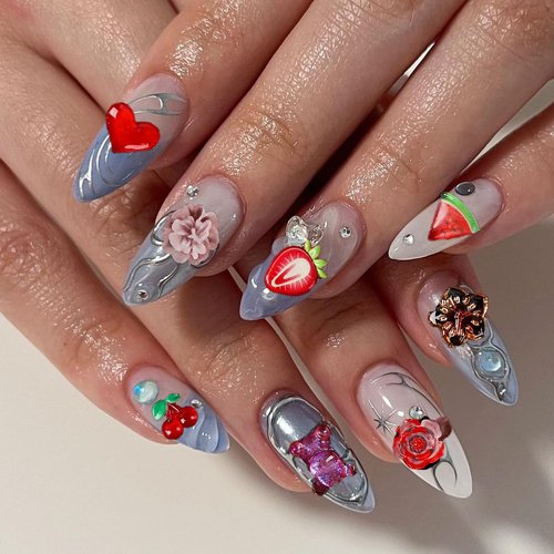 COOSLIM 150 Pieces 3D Resin Strawberries Butterfly Flower Nail Charms Rose Flower Peach Star Heart Bear Bow Cat Cherry Rhinestones Heart Pearls for DIY Nail Art Decoration Making Craft（red）