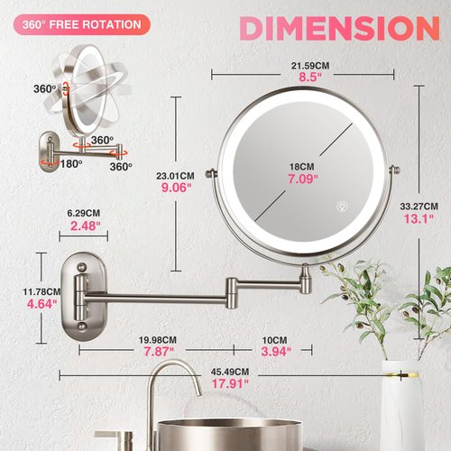 VORREMIRR 20X Magnifying Mirror with Light: 8.5 Inch Lighted Makeup Mirror, Wall Mount, 360 Rotation, Touch Screen, Rechargeable, Brushed Nickel
